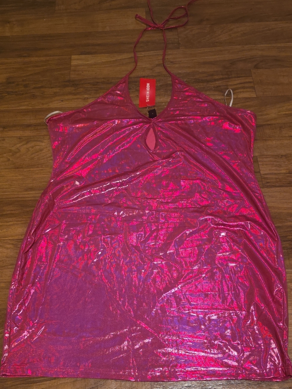 SHEIN Shimmering Hot Pink Halter Mini Dress